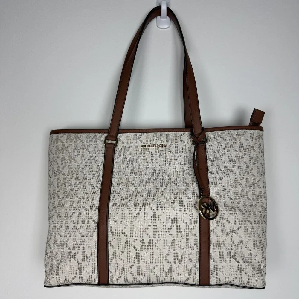Michael Kors Tote Bag Womens Large Beige Logo Canvas Leather Trim Zip Gold Charm
